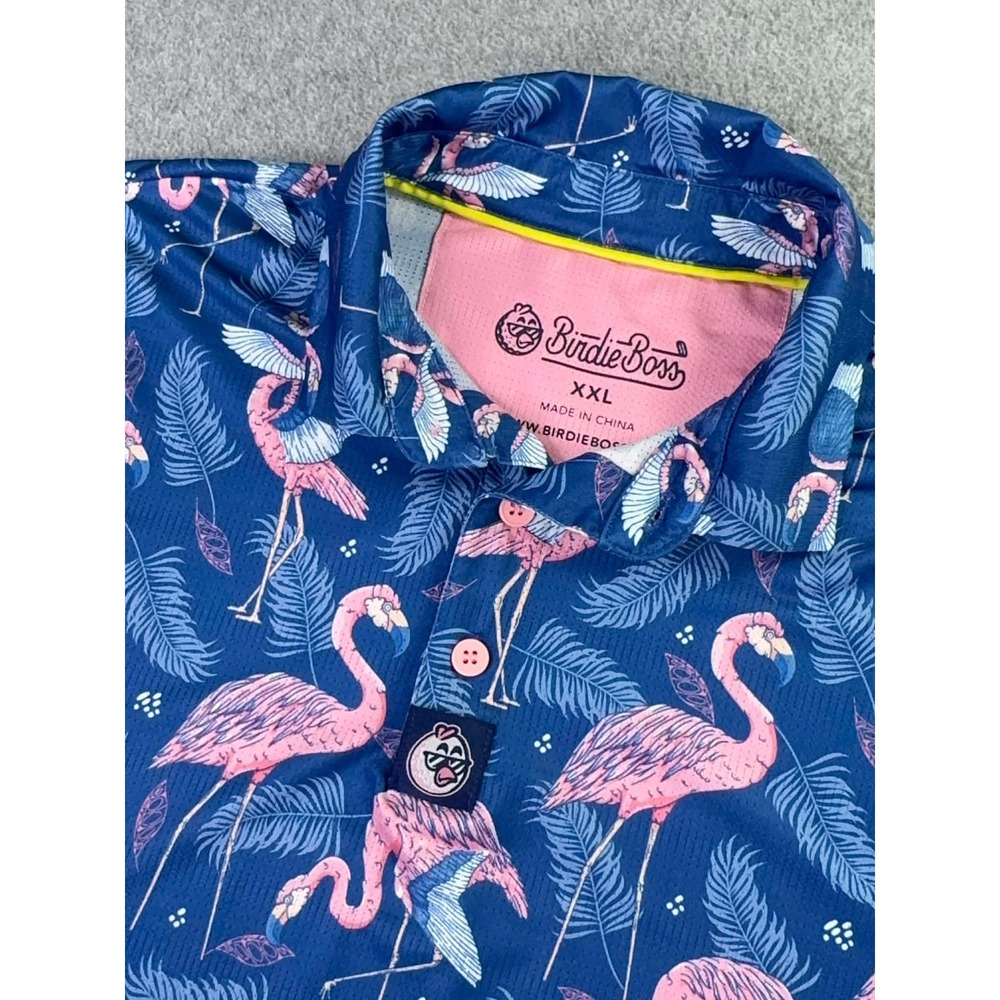 BirdieBoss Golf Flamingo Fairway Polo Shirt Men's XXL Stretch Performance AOP‎
